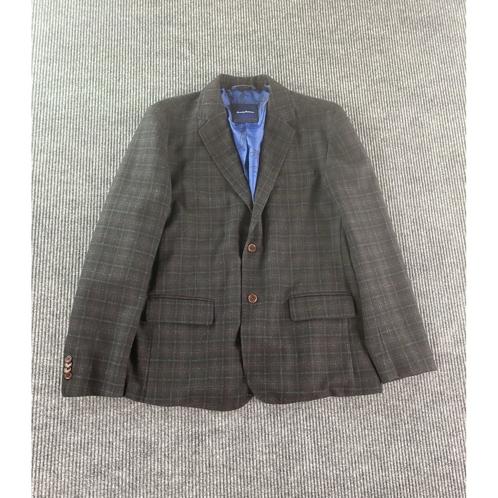 Tommy Bahama Sport Coat Large Taupe Polyester Wool Windowpane Luxury Designer